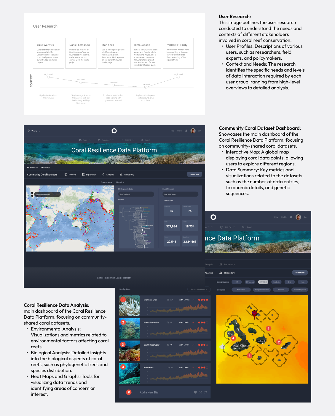 The Coral Resilience Data Platform: user research, the community coral dataset dashboard, and the main data-analysis dashboard.