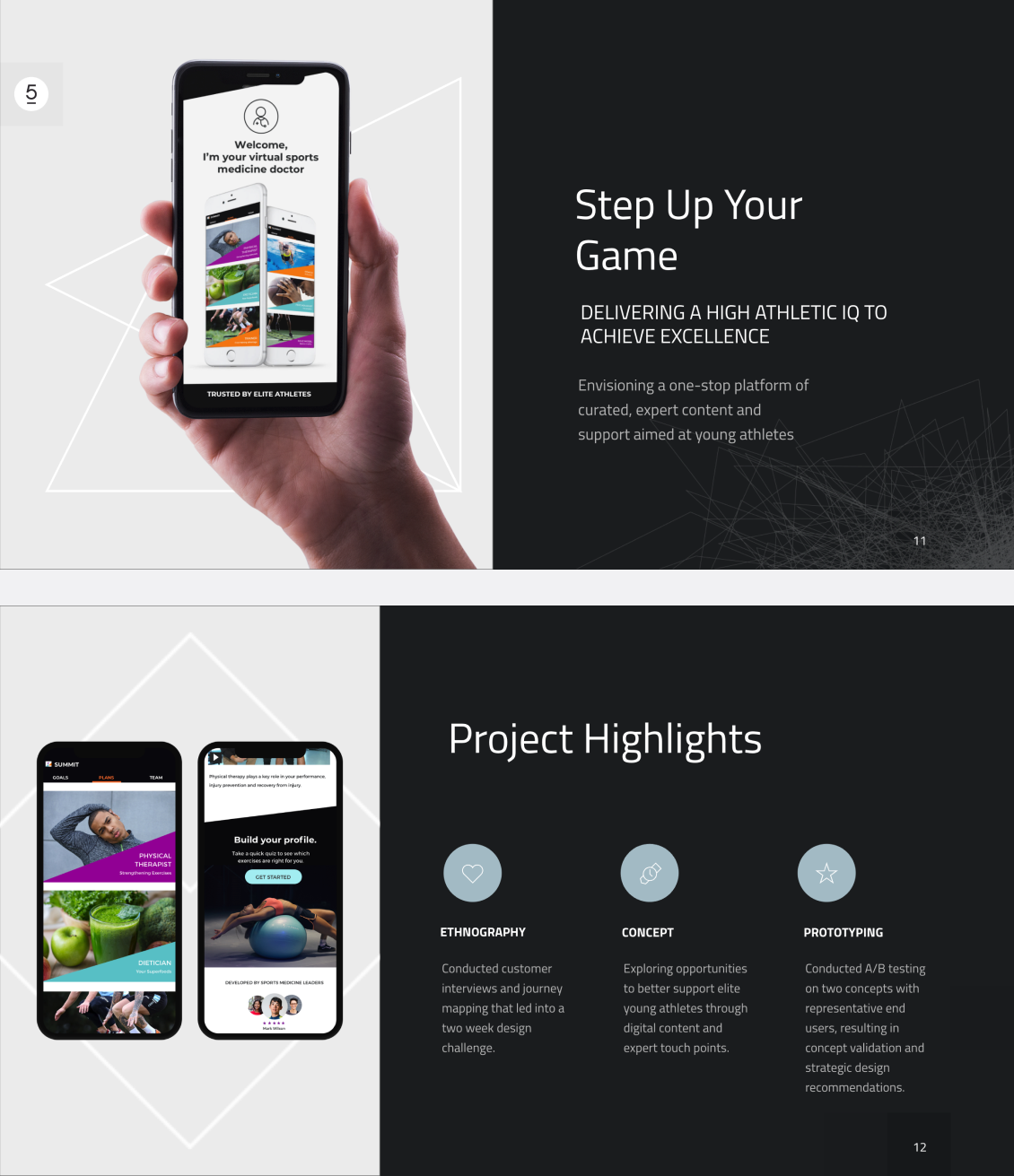 Step Up Your Game major screens: a phone held in hand showing the virtual sports-medicine doctor welcome, and project highlights covering ethnography, concept, and prototyping.
