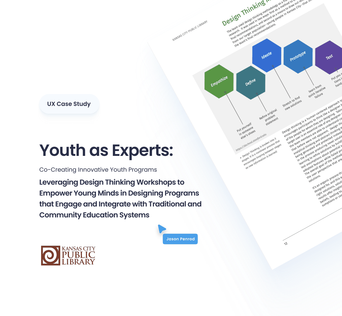 The case study cover: a UX Case Study tag above the title Youth as Experts, Co-Creating Innovative Youth Programs, with the Kansas City Public Library mark beneath it, set against a tilted page showing the five-stage design thinking diagram of Empathize, Define, Ideate, Prototype and Test.