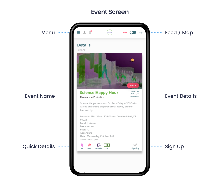 Annotated event screen: quick details, location, and one-tap sign up called out around a phone mockup.