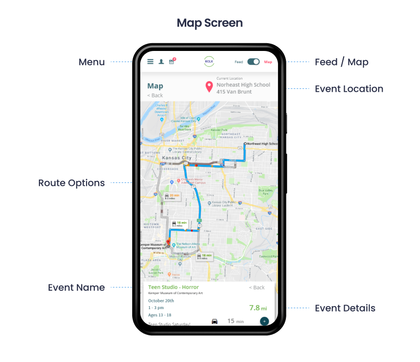 Annotated map screen: transit options and route called out around a phone mockup.